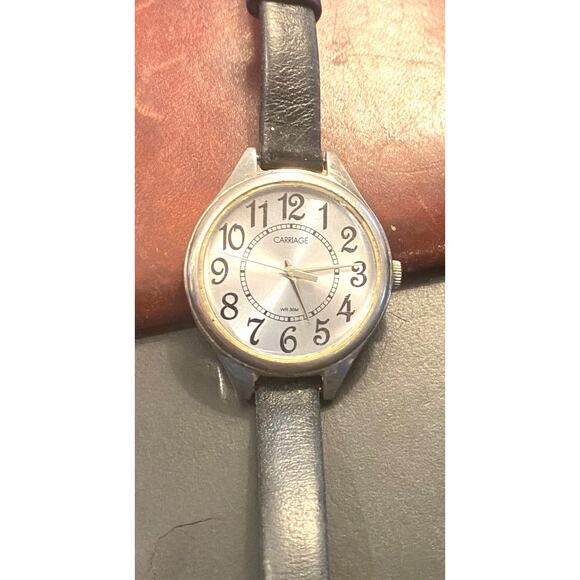 Women's Silver Tone Carriage Watch, WR to 30M, Black Leather Band - Picture 1 of 3